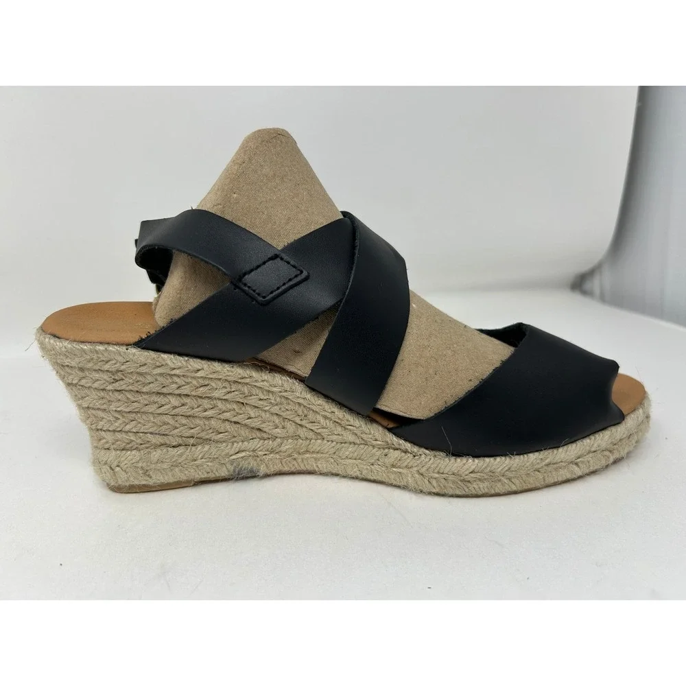 Barbour Black Leather Espadrille Wedge Sandals Buckle Ankle Strap Women's Size 9